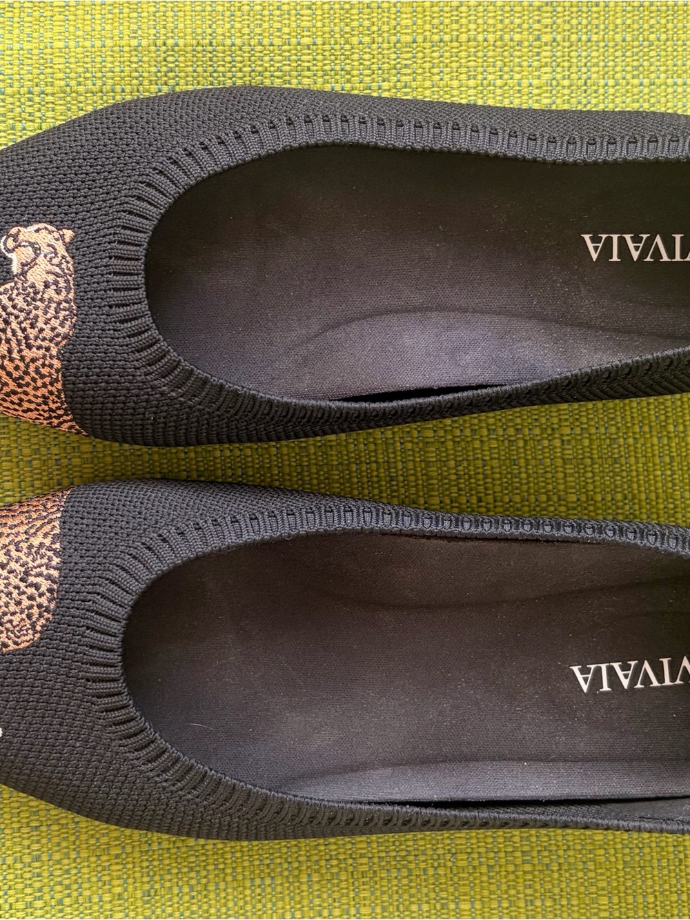 Viaia Black Knit Ballet Flats with Leopard Toe Accent